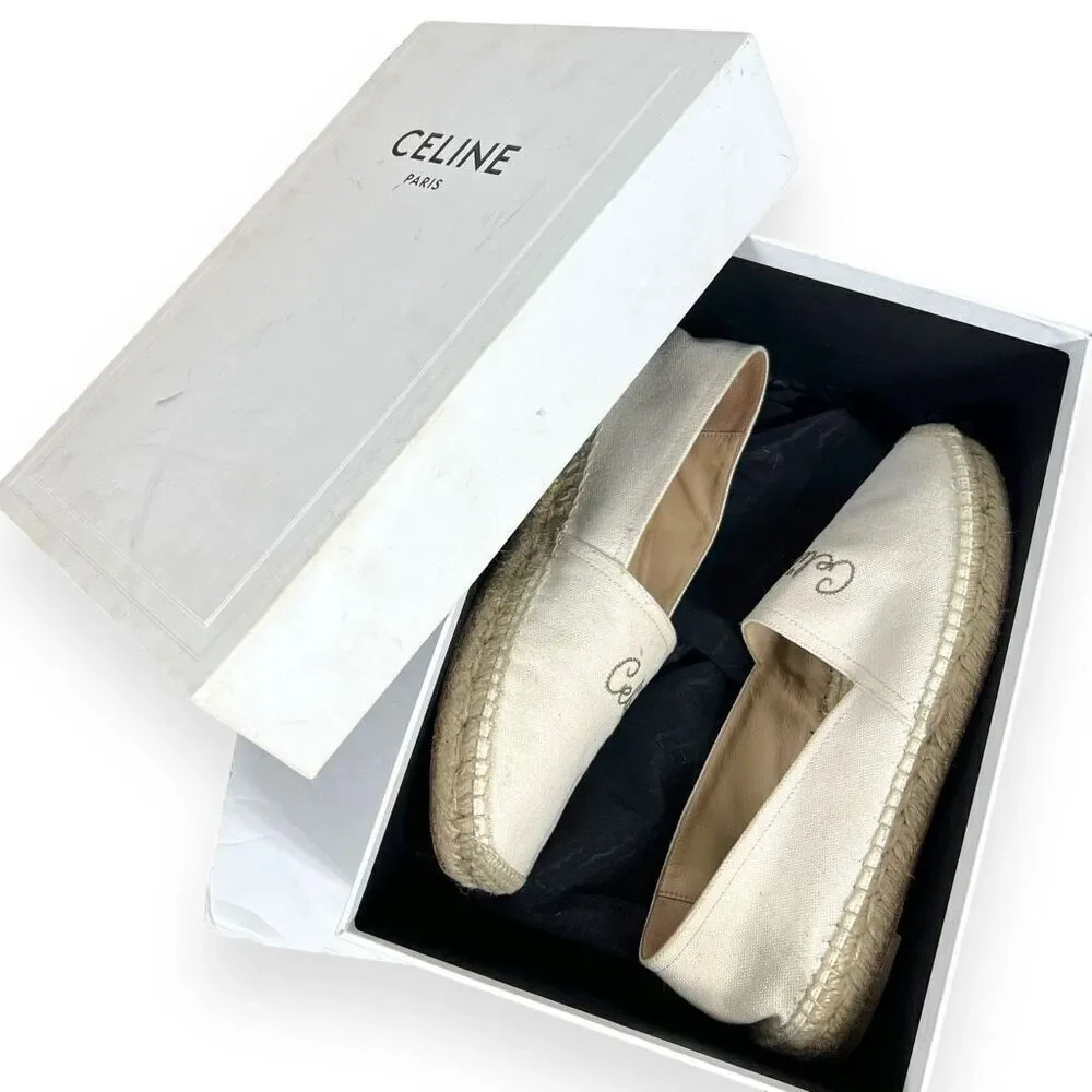 CELINE Embroidered Logo Triomphe Flat Espadrilles Canvas Cream Size 40 US 10